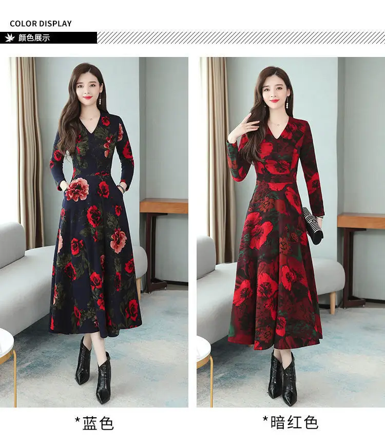 Red Floral V-Neck Long Sleeve Mom Dress with A-Line Skirt — feature 1