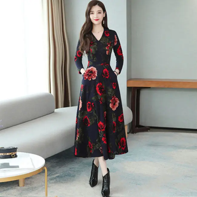 Red Floral V-Neck Long Sleeve Mom Dress with A-Line Skirt — feature 11
