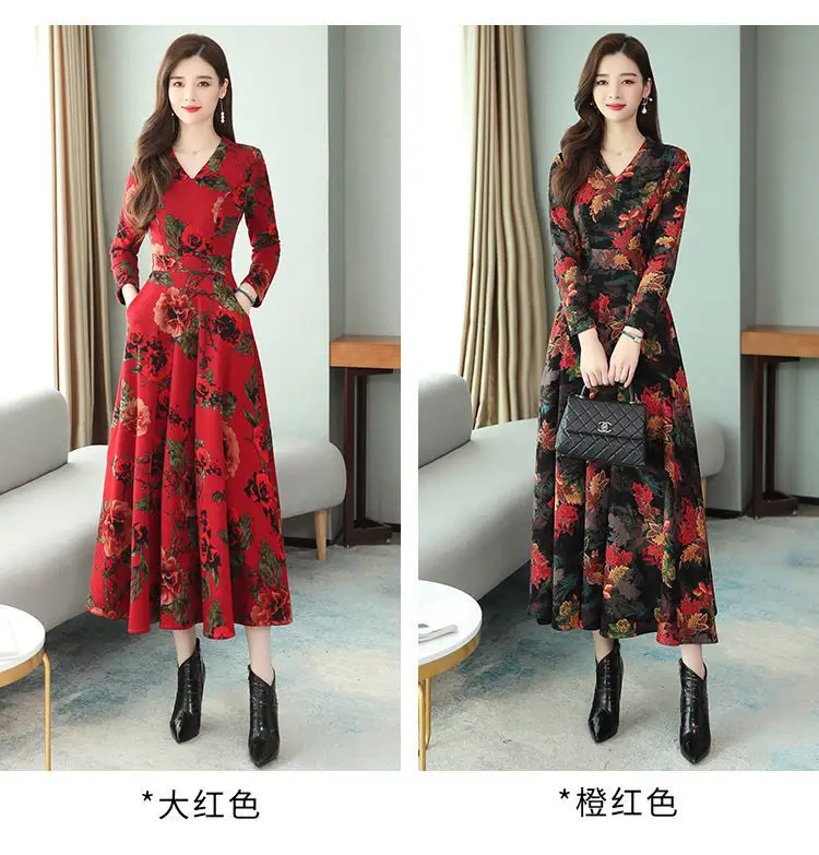 Red Floral V-Neck Long Sleeve Mom Dress with A-Line Skirt — feature 2