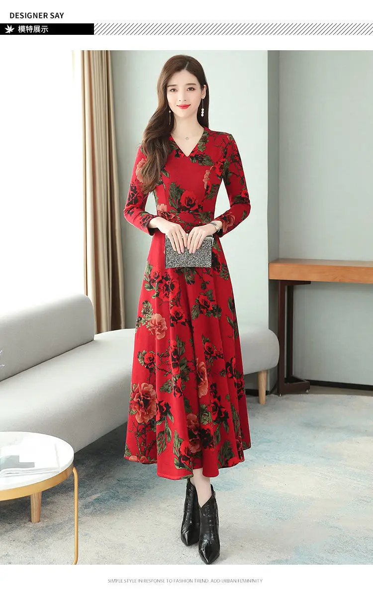 Red Floral V-Neck Long Sleeve Mom Dress with A-Line Skirt — feature 3