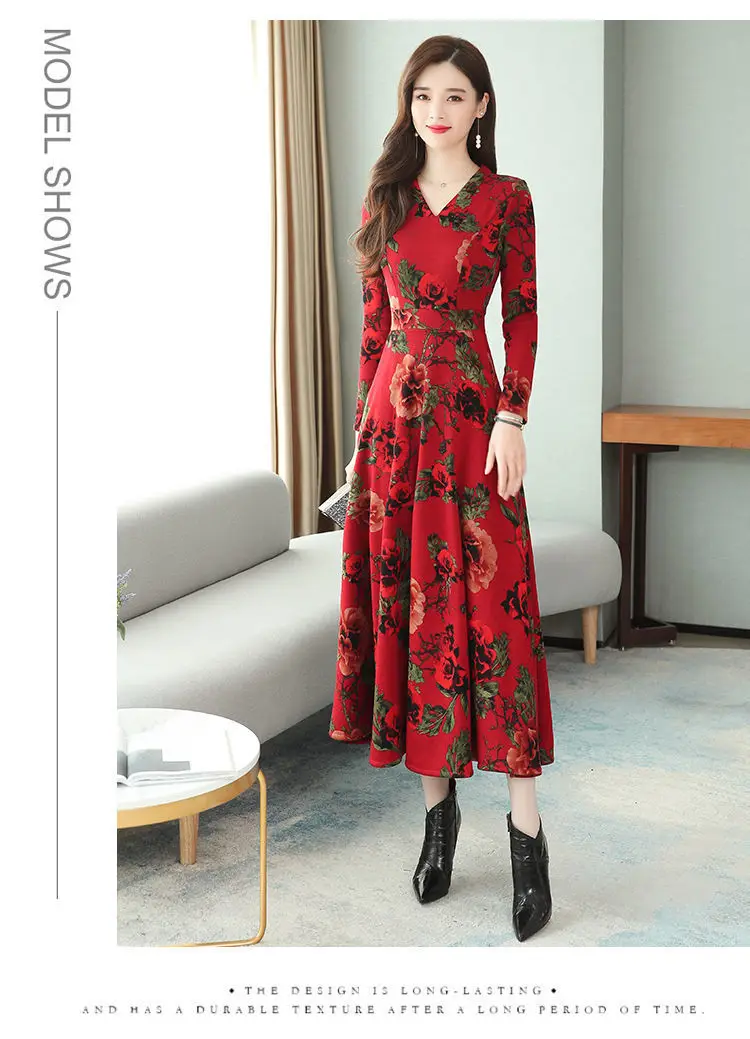 Red Floral V-Neck Long Sleeve Mom Dress with A-Line Skirt — feature 4