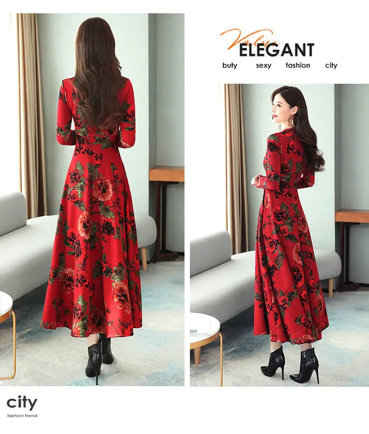 Red Floral V-Neck Long Sleeve Mom Dress with A-Line Skirt — feature 5