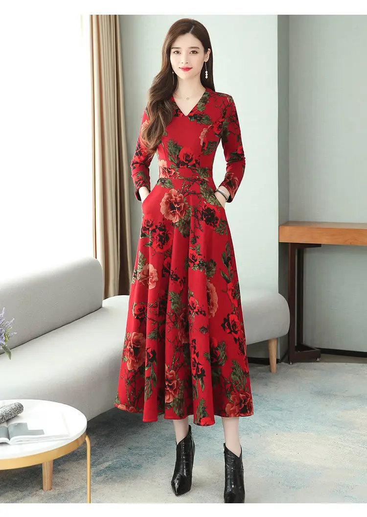 Red Floral V-Neck Long Sleeve Mom Dress with A-Line Skirt — feature 6