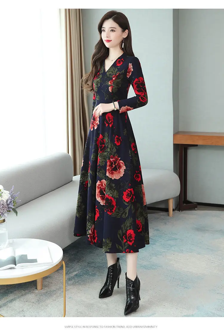 Red Floral V-Neck Long Sleeve Mom Dress with A-Line Skirt — feature 7