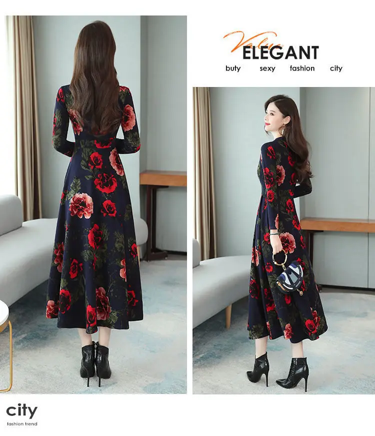 Red Floral V-Neck Long Sleeve Mom Dress with A-Line Skirt — feature 8