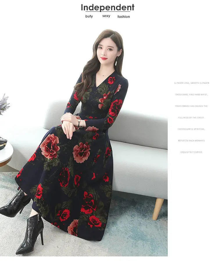 Red Floral V-Neck Long Sleeve Mom Dress with A-Line Skirt — feature 9