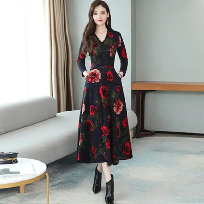 Red Floral V-Neck Long Sleeve Mom Dress with A-Line Skirt - Image 2