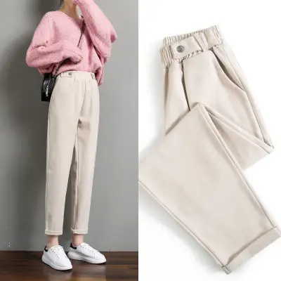 Women Woolen Radish High Waist Harem Pants Cream Loose Slimming