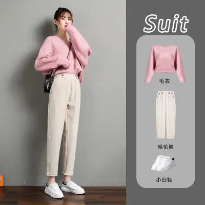 Women Woolen Radish High Waist Harem Pants Cream Loose Slimming