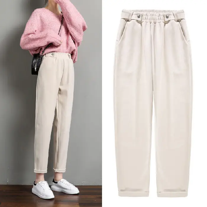 Women Woolen Radish High Waist Harem Pants Cream Loose Slimming