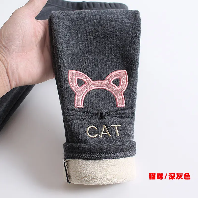 Winter Fleece Leggings for Girls Cartoon Embroidered Warm Pants - Image 2