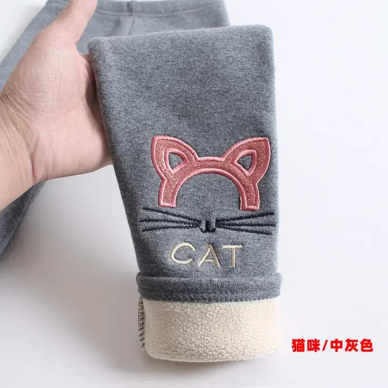 Winter Fleece Leggings for Girls Cartoon Embroidered Warm Pants - Image 3