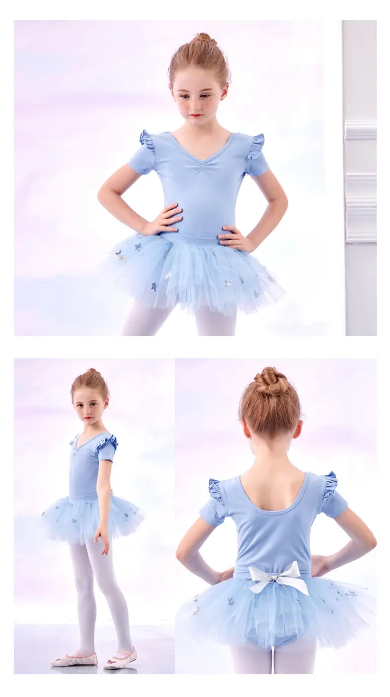 Girls Blue Butterfly Dance Dress Short Sleeve Split Set — feature 8