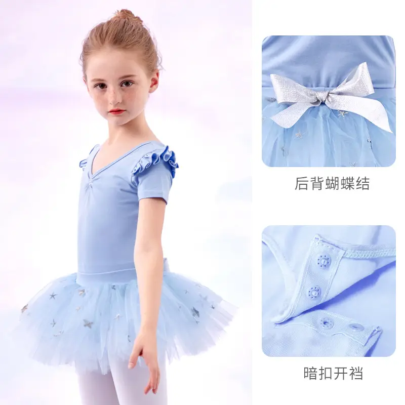 Girls Blue Butterfly Dance Dress Short Sleeve Split Set - Image 4