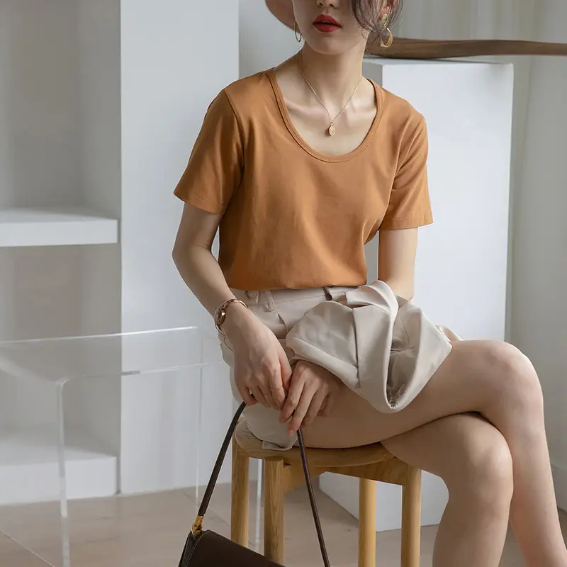 Women V-Neck Cotton T-Shirt Brown Short Sleeve Summer 2025 - Image 5