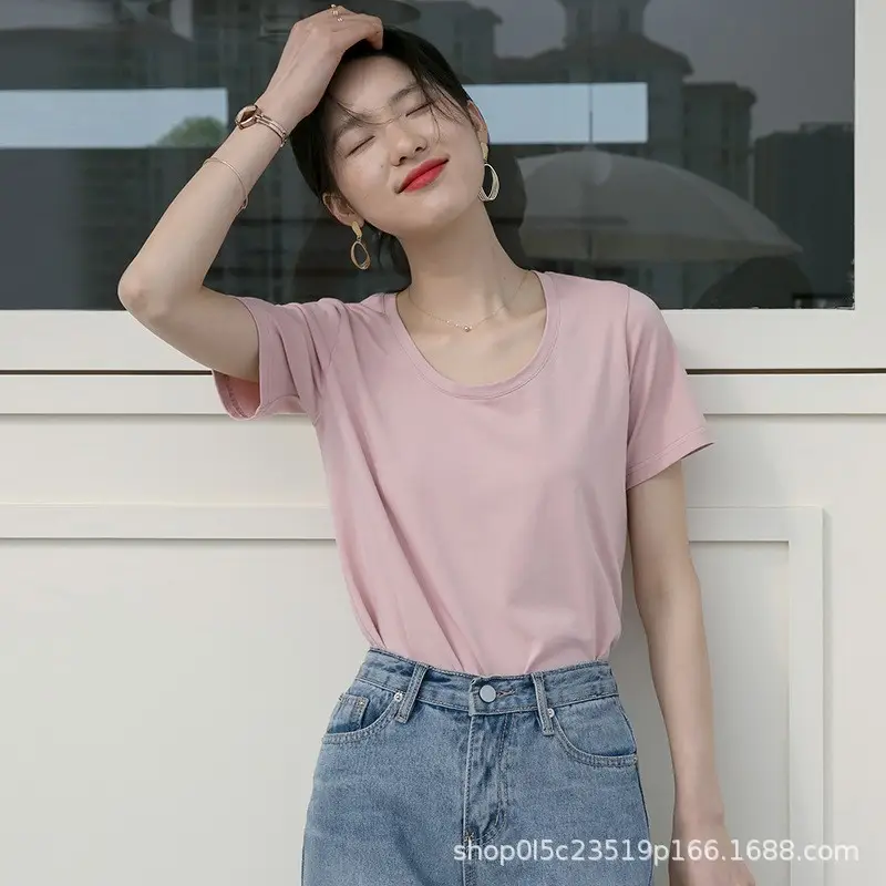 Women V-Neck Cotton T-Shirt Brown Short Sleeve Summer 2025 - Image 6