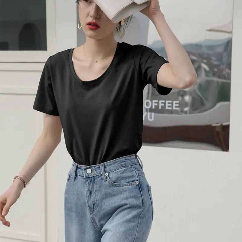 Women V-Neck Cotton T-Shirt Brown Short Sleeve Summer 2025 - Image 8