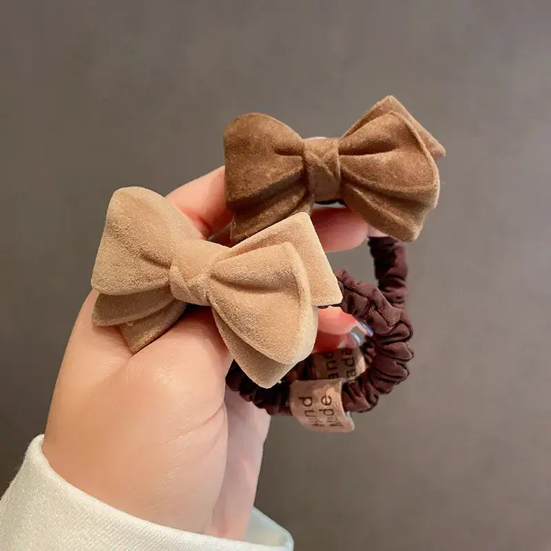 Plush Bow Hair Ring for Women Brown - Image 5
