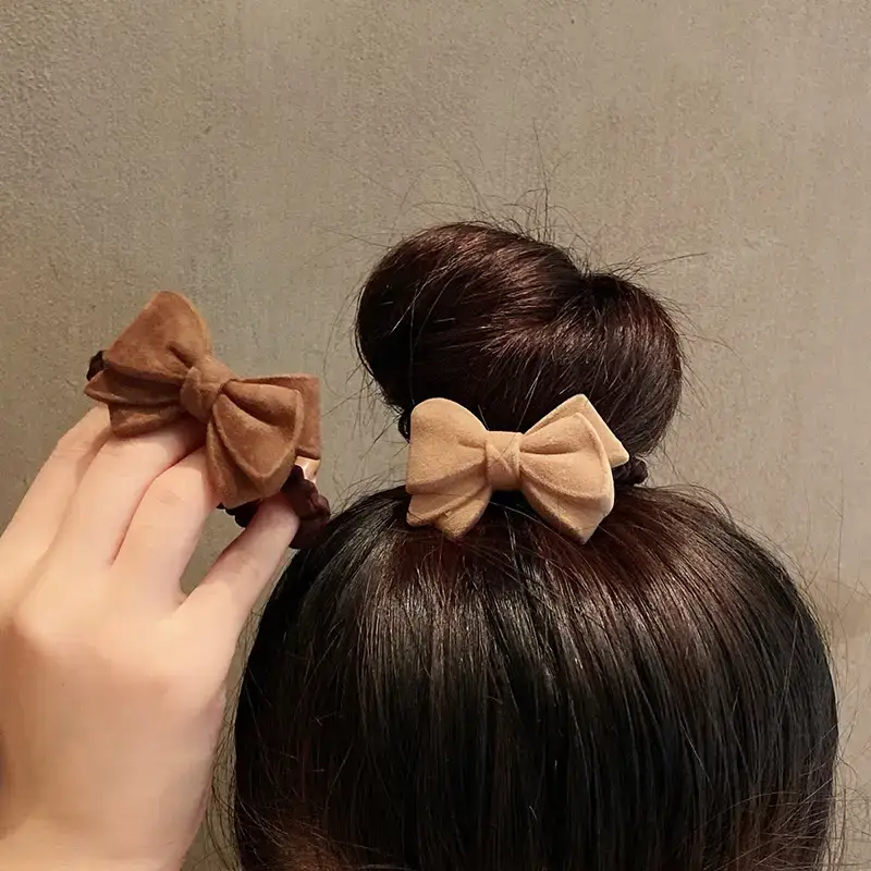 Plush Bow Hair Ring for Women Brown - Image 6