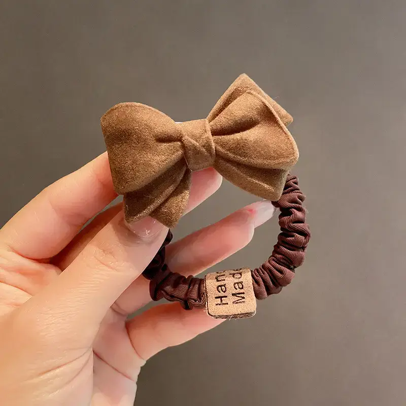 Plush Bow Hair Ring for Women Brown - Image 2