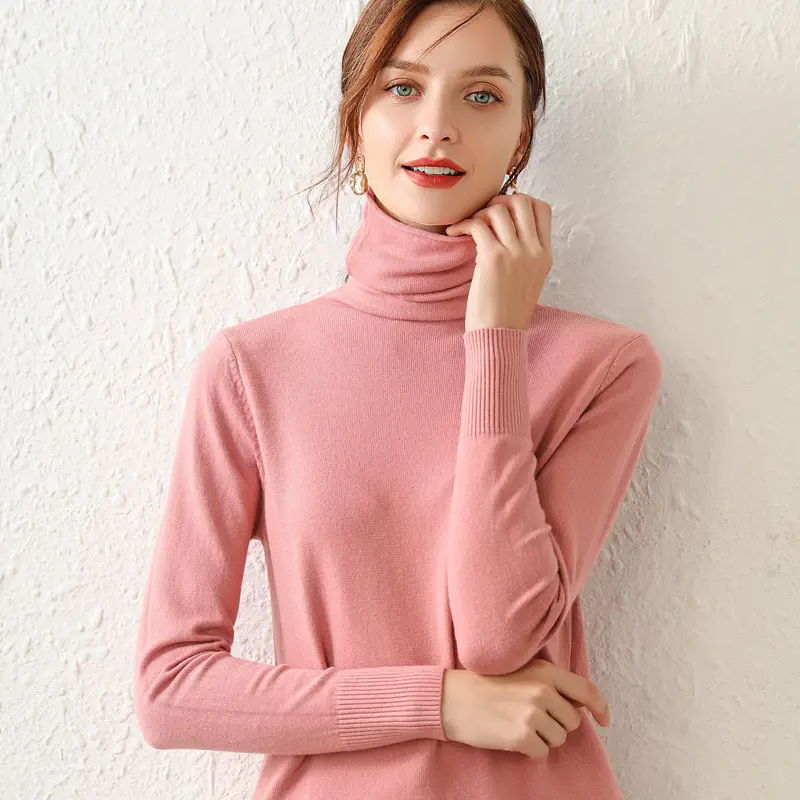 Women Wool Turtleneck Sweater Pink Large - Image 7