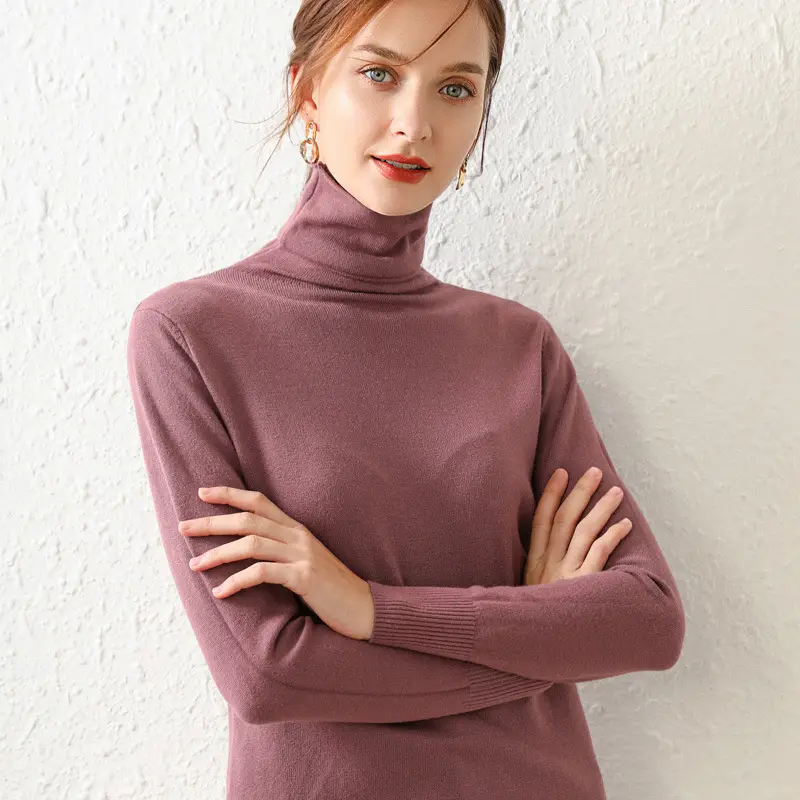 Women Wool Turtleneck Sweater Pink Large - Image 9