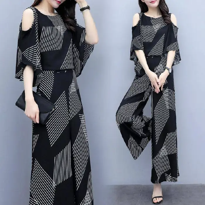 Korean-style 2-piece Women's Black Geometric Loose Pants - Image 3