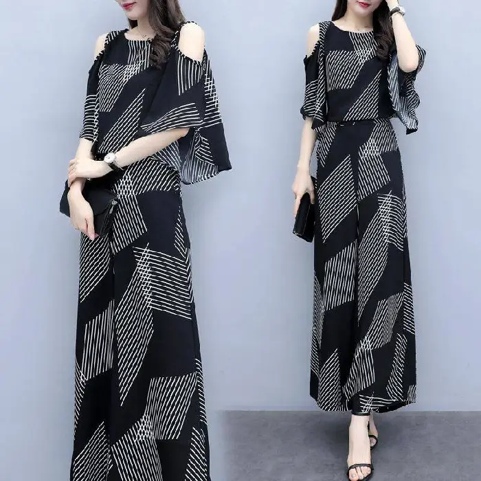 Korean-style 2-piece Women's Black Geometric Loose Pants - Image 4