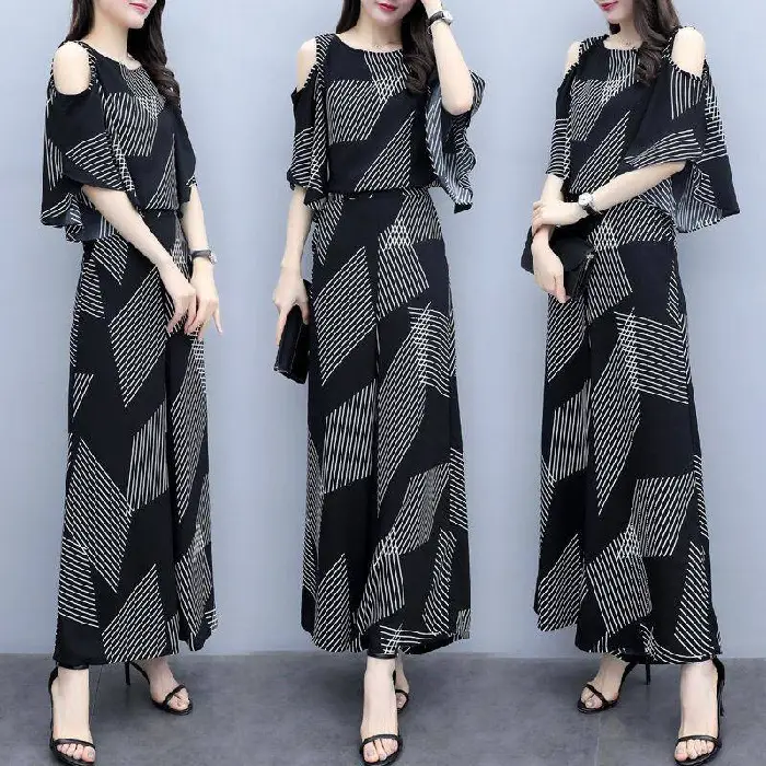 Korean-style 2-piece Women's Black Geometric Loose Pants - Image 5