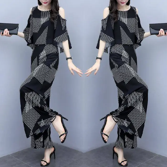 Korean-style 2-piece Women's Black Geometric Loose Pants - Image 6