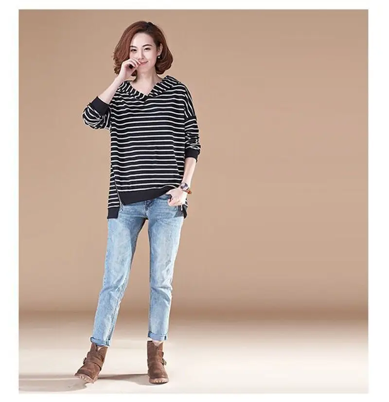 Women Black White Striped Hooded Pullover Sweater - Image 3