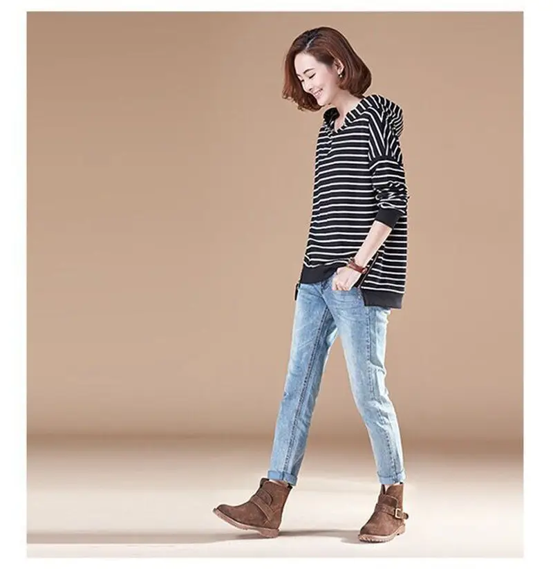 Women Black White Striped Hooded Pullover Sweater - Image 4