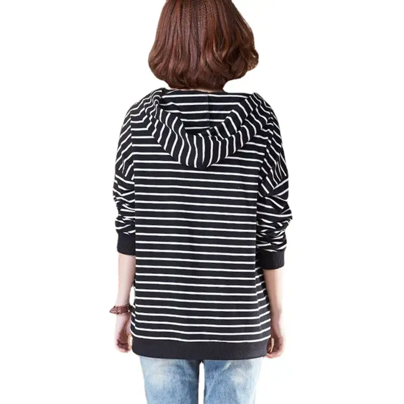 Women Black White Striped Hooded Pullover Sweater - Image 5