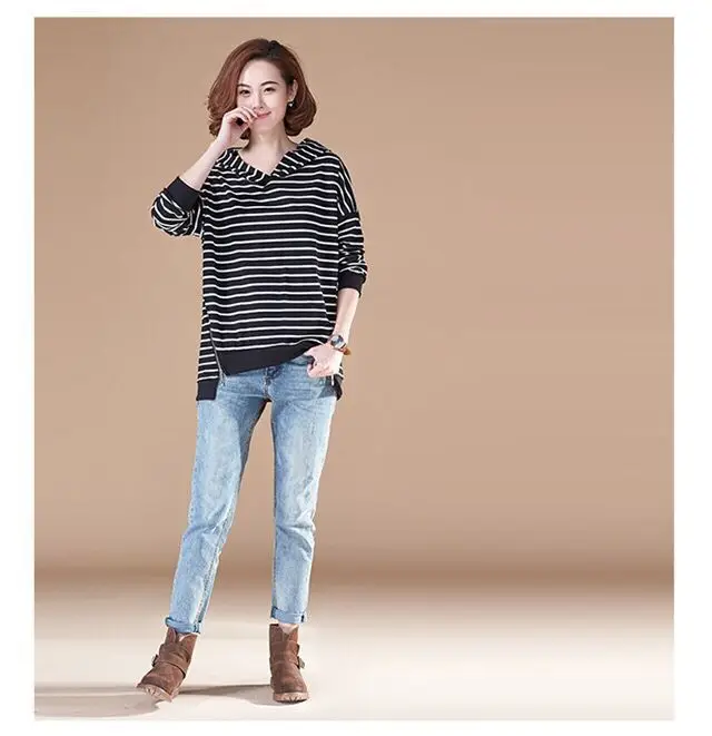 Women Black White Striped Hooded Pullover Sweater — feature 4
