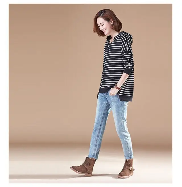 Women Black White Striped Hooded Pullover Sweater — feature 5