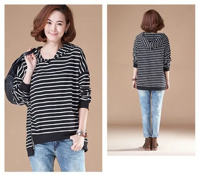 Women Black White Striped Hooded Pullover Sweater — feature 6