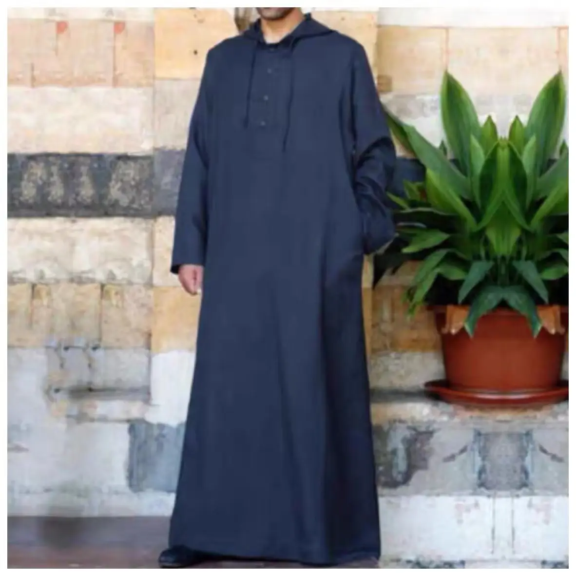 2022 New Muslim Hooded Shirt Navy Blue Long - Image 34
