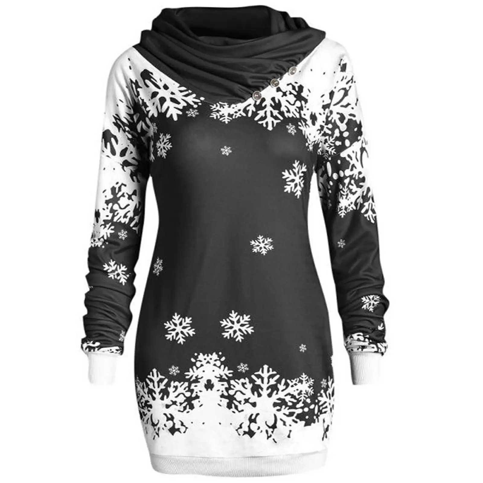 Snowflake Print Long Sleeve Hoodie Black White
