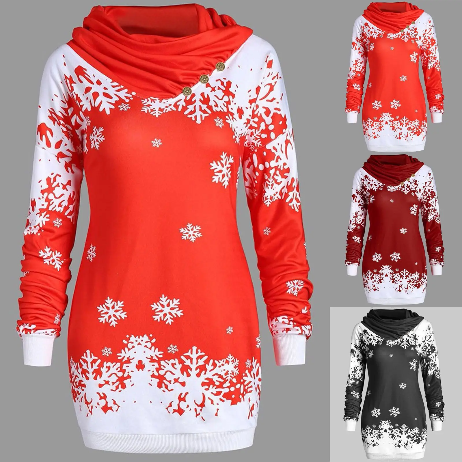 Snowflake Print Long Sleeve Hoodie Black White — feature 2
