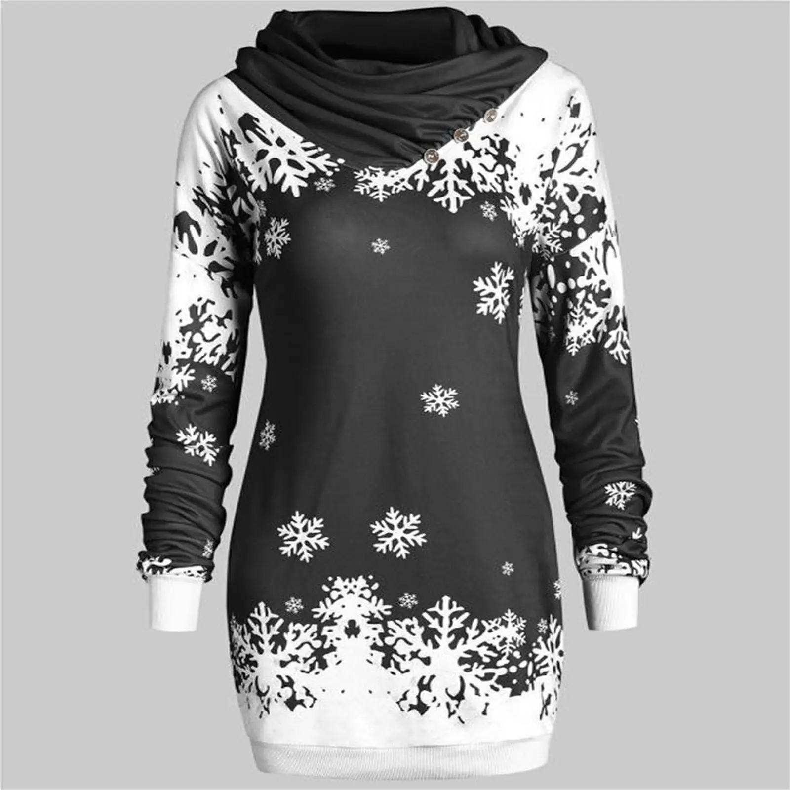 Snowflake Print Long Sleeve Hoodie Black White — feature 3