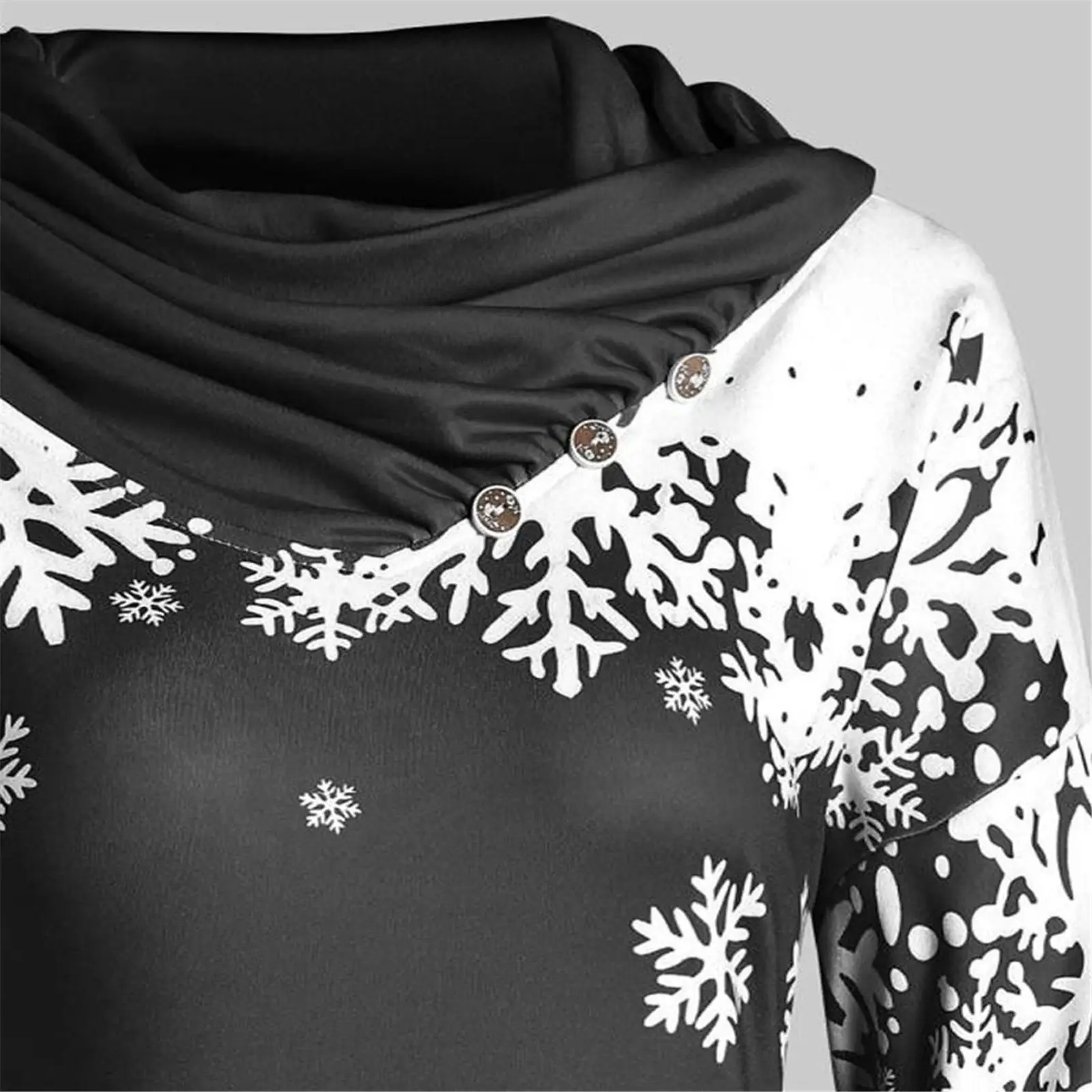 Snowflake Print Long Sleeve Hoodie Black White — feature 7