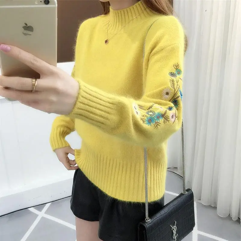 Women Blue Embroidered Knit Pullover with Embroidered Sleeves - Image 2