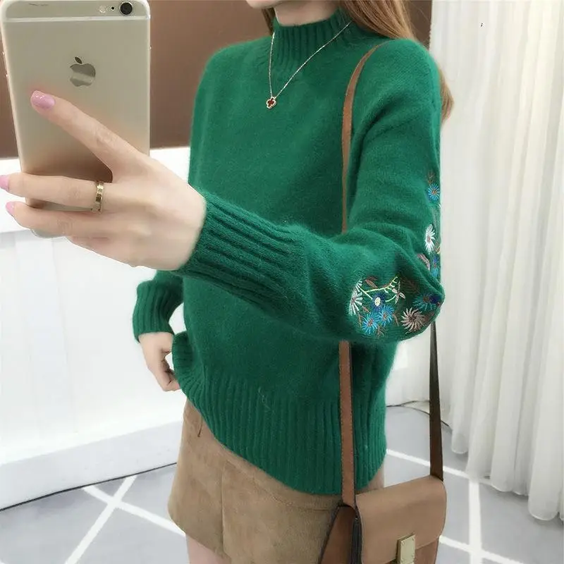 Women Blue Embroidered Knit Pullover with Embroidered Sleeves - Image 3