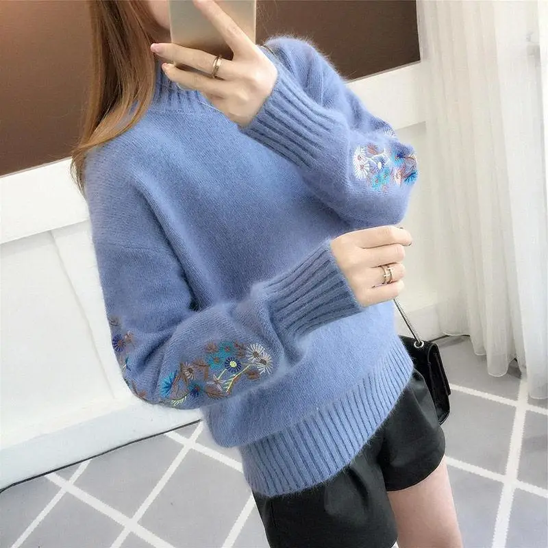 Women Blue Embroidered Knit Pullover with Embroidered Sleeves - Image 5