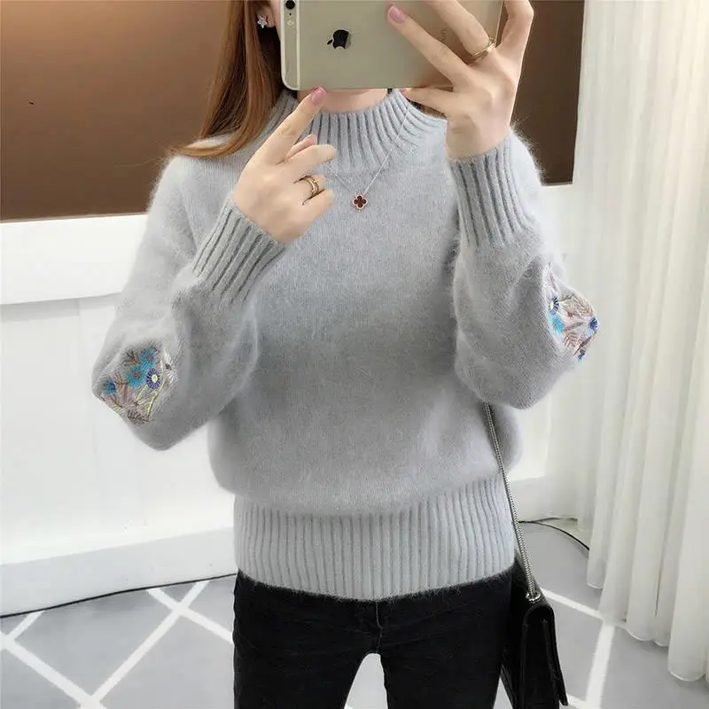 Women Blue Embroidered Knit Pullover with Embroidered Sleeves - Image 6
