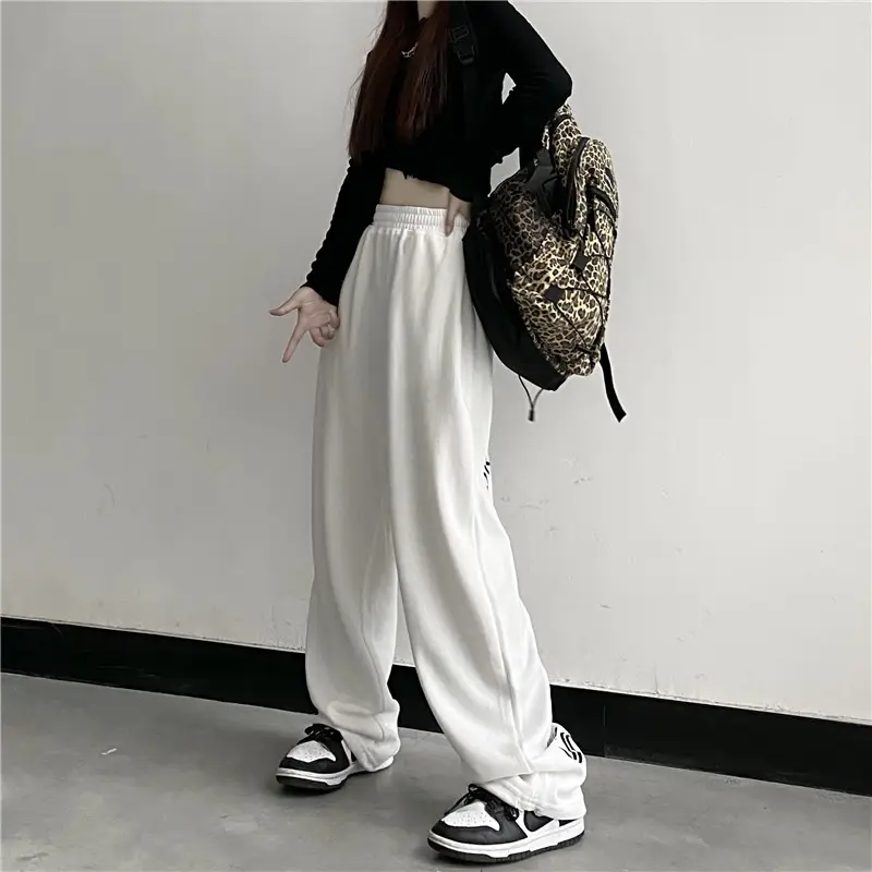 Women Cotton Letter Printed Spring Pants White Drawstring Casual — feature 7