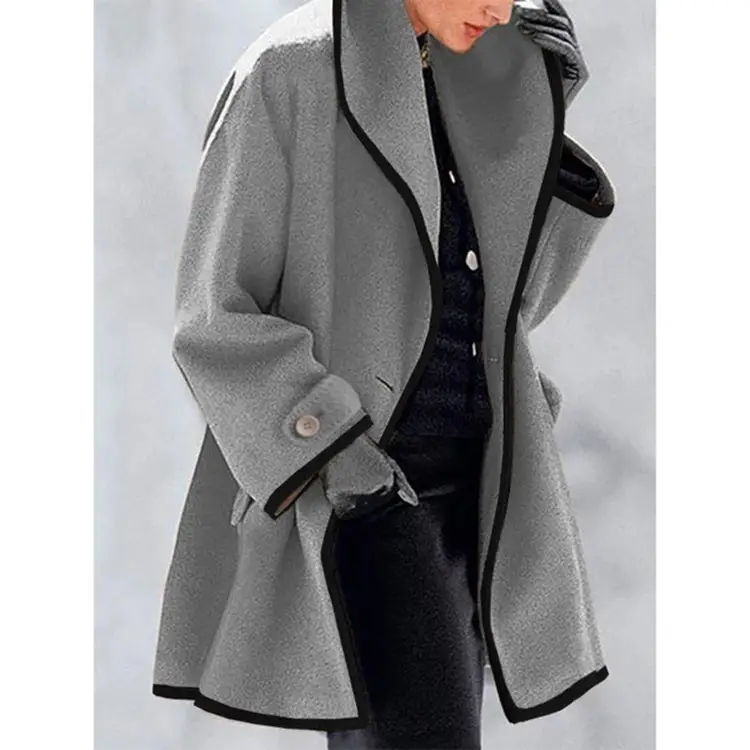 Women Woolen Round Neck Jacket White Black Hooded Plus Size - Image 3
