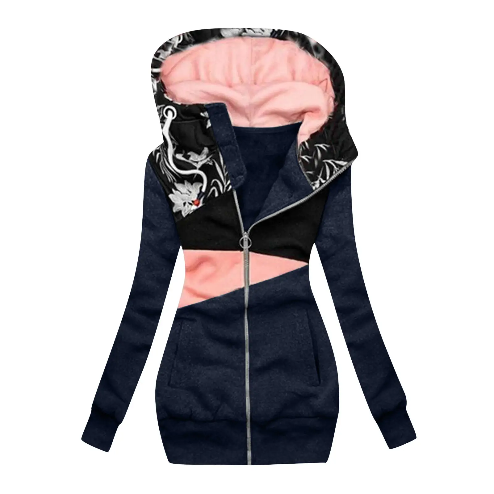 2021 Hooded Zipper Coat Black Pink Graphic Winter Wear - Image 3