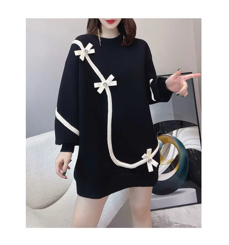 Black Bow Embroidered Sweatshirt Dress for Women — feature 4