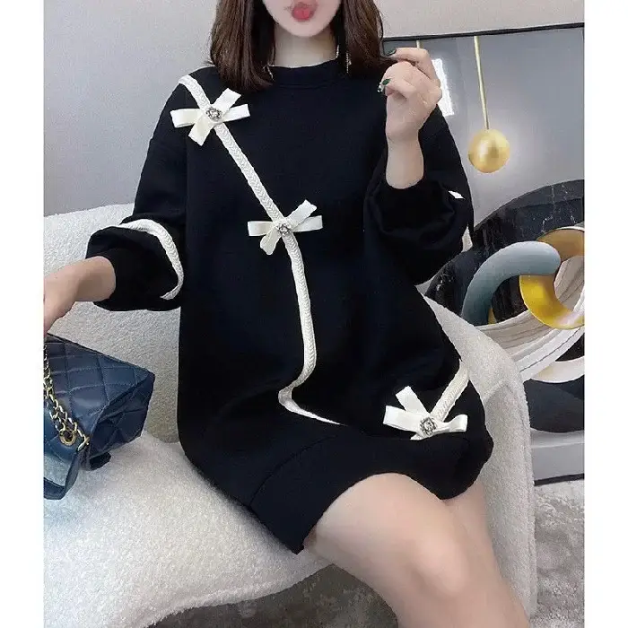 Black Bow Embroidered Sweatshirt Dress for Women - Image 5